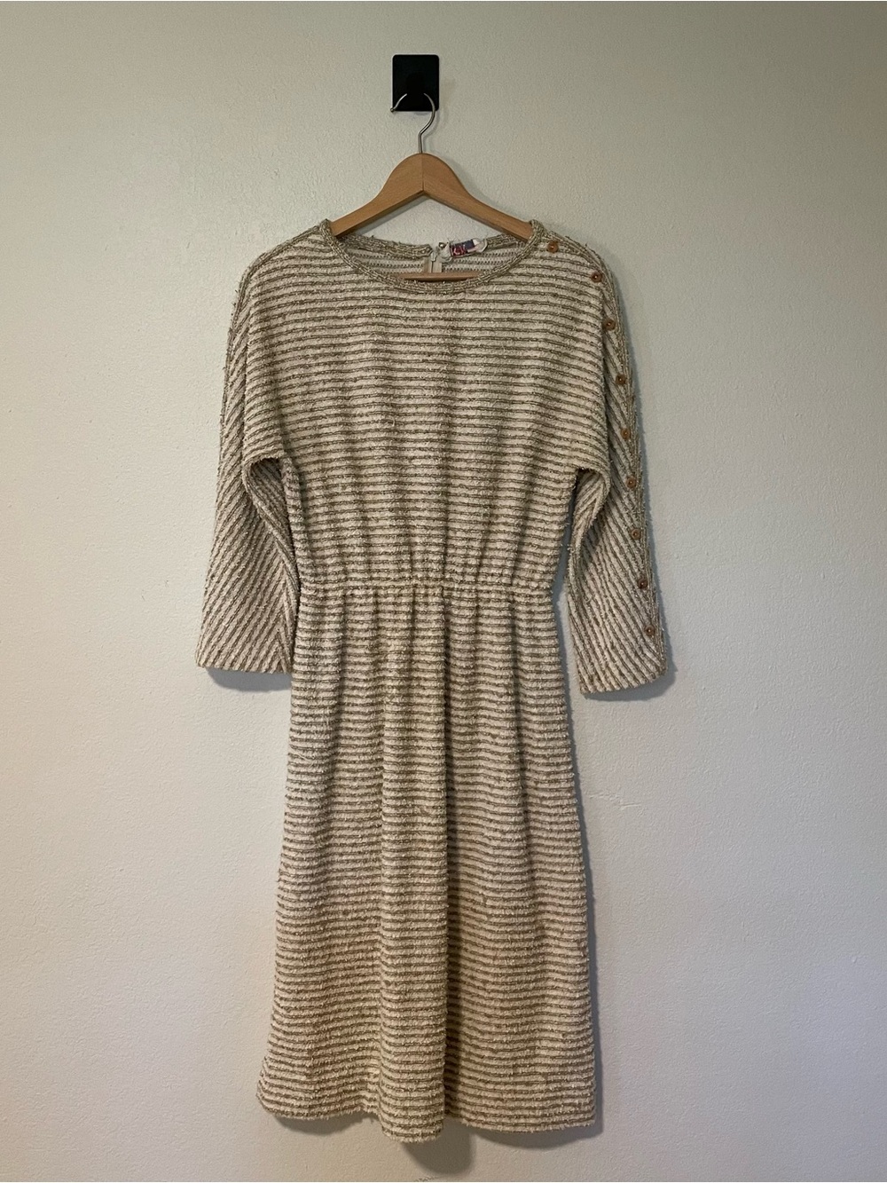 Vintage Striped Cream and Tan Knit Midi Dress